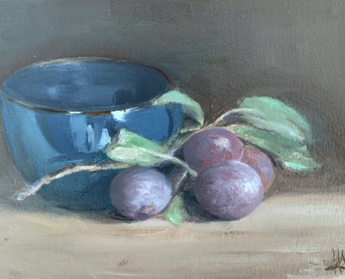 Prunes et faïence bleue - Peinture à l'huile sur bois